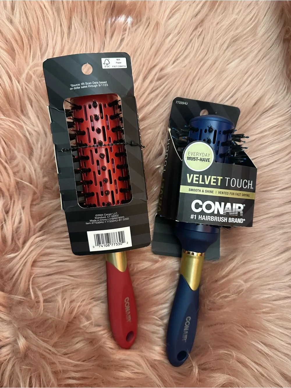 Conair Velvet Touch Round Hairbrush  Set 1”– Red-Blue